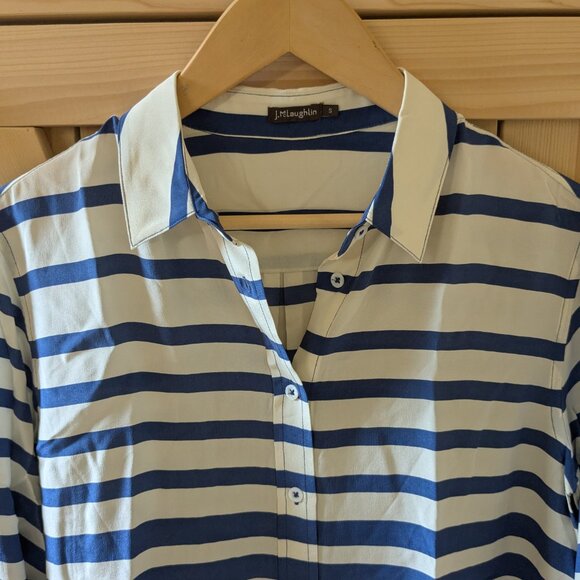 J. McLaughlin Button Up Bianca Blouse 100% Silk Long Sleeve Blue Striped Small - Picture 2 of 7